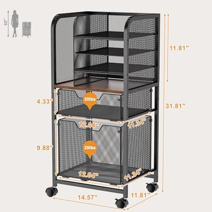 6-Tier Rolling File Cart Multi Mobile Drawer Cabinet Black | File cabinet organizer with wheels, letter size filing storage cart, home office hanging folder storage for teacher