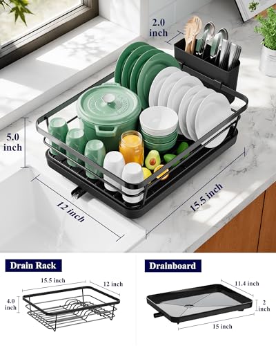 Kitsure Dish Drying Rack for Kitchen Counter, 12''W x 15.5''L, Black | Stainless Steel Sink Organization, Cutlery Holder, Home and Appartment Decor