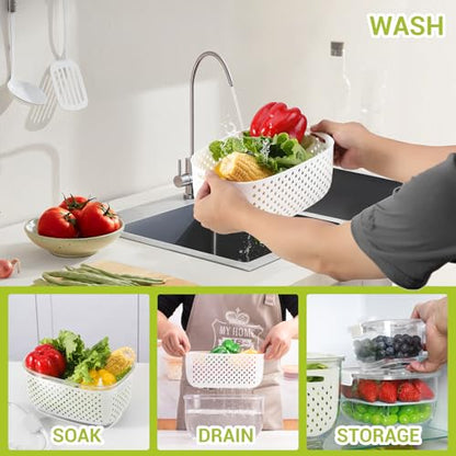LUXEAR Fresh Produce Vegetable Fruit Storage Containers 3Piece Set, BPA-free, Partitioned Salad Container, Fridge Organizers, Used in Storing Fruits Vegetables, White