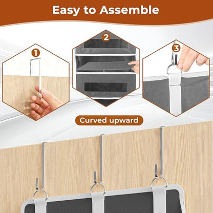 2 Pack 5 Tier Over The Door Organizer - Large Capacity Behind Door Hanging Shelves with 10 Mesh Pockets and Clear Windows, Closet Organizers and Storage for Bathroom, Bedroom, Nursery, Grey