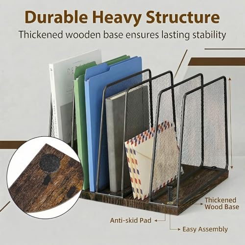 5-Section Vertical File Organizer for Desk, Sturdy Wood Base & Metal Mesh Desktop File Holder, Upright Paper Folder Sorter for Office Supplies（Rustic Brown）