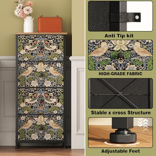 Dresser for Bedroom with 4 Drawer Strawberry Thief Dresser Vintage Storage Tower Unit Nightstand for Living Room Hallway Kids Room Closet Sturdy Steel Frame Wooden Top, Brown