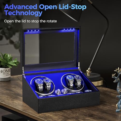 ANWBROAD Watch Winder for Automatic Watches, Watch Winder 4 Watches | 4 Watch Rotator and 6 Extra Storages with Quiet Motor and LED Backlight Turner Carbon Fiber Shaker 4 Rotating Modes UJWW002F