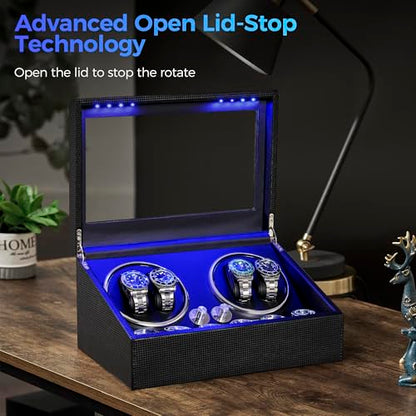 ANWBROAD Watch Winder for Automatic Watches, Watch Winder 4 Watches | 4 Watch Rotator and 6 Extra Storages with Quiet Motor and LED Backlight Turner Carbon Fiber Shaker 4 Rotating Modes UJWW002F