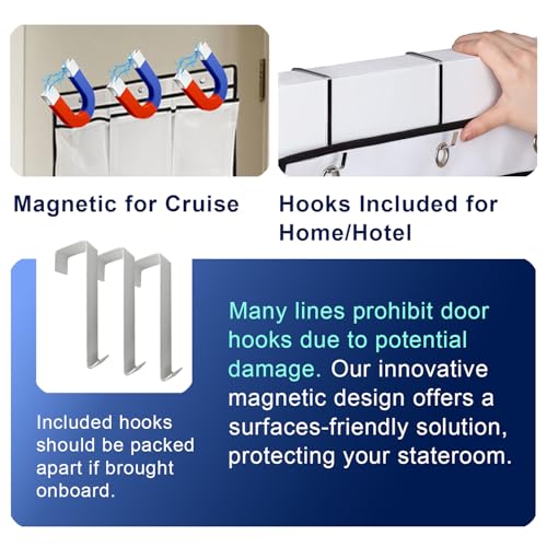 Magnetic Cruise Door Organizer – 13-Pocket Hanging Storage with 2 Large Shoe Pockets, No Hook Needed, Includes 3 Bonus Hooks, 2025 2026 Cruise Ship Essentials for Cabin, Bathroom, or Closet Use