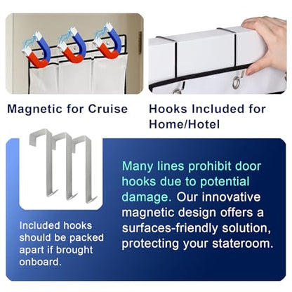 Magnetic Cruise Door Organizer – 13-Pocket Hanging Storage with 2 Large Shoe Pockets, No Hook Needed, Includes 3 Bonus Hooks, 2025 2026 Cruise Ship Essentials for Cabin, Bathroom, or Closet Use