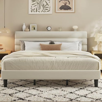 King Size Bed Frame, Platform Bed Frame with Velvet Upholstered Headboard, No Box Spring Needed, Sturdy Metal Support, Noise Free, Easy Assembly, Beige