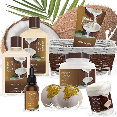 Gifts For Women Gift Basket for Women– 9 Piece Set of Vanilla Coconut Home Spa Set, Luxurious Gifts for Her, Bath and Body Sets Includes Fragrant Lotions, Large Bath Bombs, Coconut Oil