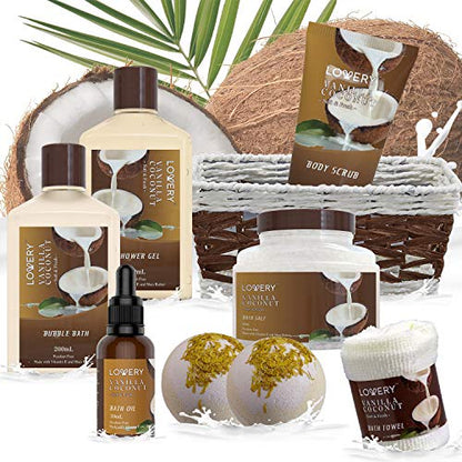 Gifts For Women Gift Basket for Women– 9 Piece Set of Vanilla Coconut Home Spa Set, Luxurious Gifts for Her, Bath and Body Sets Includes Fragrant Lotions, Large Bath Bombs, Coconut Oil