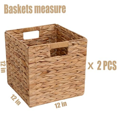 12x12x12 Inch Wicker Storage Basket Set of 2 Foldable Hyacinth Storage Box | Handmade Woven Basket for Closet,Shelf Organization & Decor - Natural