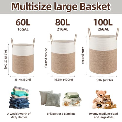 OIAHOMY Large Laundry Basket Hamper - 60L Cotton Rope Woven Basket for Blankets, Toys, Clothes - Tall Decorative Nursery Hamper with Long Handles, Brown/White