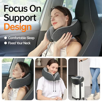 Travel Neck Pillow for Sleeping,100% Pure Memory Foam, Soft Head Support | Washable Cotton Cover,Comes with 3D Eye Mask,Earplugs,Storage Bag,Ideal Travel Gift,Relieve Neck Pressure,Dark Grey