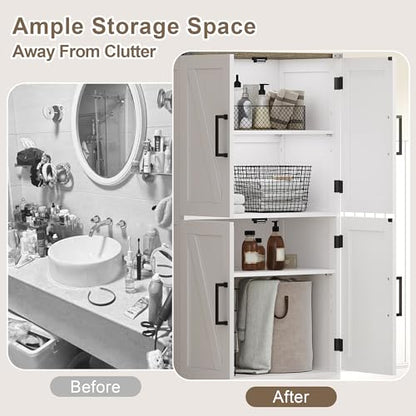 Farmhouse Bathroom Floor Cabinet with Adjustable Shelves | 13.78"D x 23.62"W x 43.46"H, Freestanding Kitchen Pantry Cabinet, Cupboard for Living Room, Dining Room, White