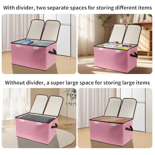 Foldable Fabric Storage Box, 16.5 x 11.8 x 9.8 inches (L x W x H), with Double-Lid & Dividers, Large Organizer for Home, Closet, Office(Pink)