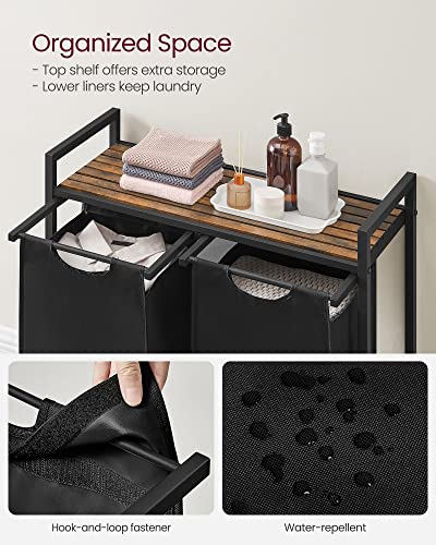 VASAGLE Laundry Hamper, Laundry Basket, Laundry Sorter with 2 Pull-Out and Removable Bags, Shelf, Metal Frame, 2 x 12.1 Gallons (46 L), 28.8 x 13 x 28.4 Inches, Ink Black and Rustic Brown UBLH201B01