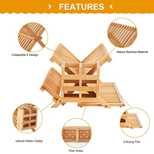 Bamboo Dish Drying Rack, 3 Tier Collapsible Wooden Dish Drainer Rack with Utensil Holder, Plate Rack for Kitchen Counter, Large Folding Drying Holder 51 pcs Grid