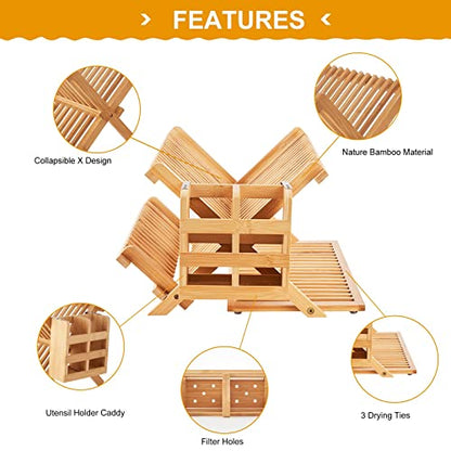 Bamboo Dish Drying Rack, 3 Tier Collapsible Wooden Dish Drainer Rack with Utensil Holder, Plate Rack for Kitchen Counter, Large Folding Drying Holder 51 pcs Grid