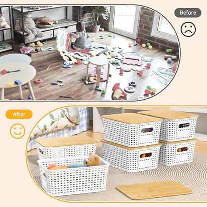 Plastic Storage Baskets with Bamboo Lids and Labels, Stackable Storage Containers, Storage Bins for Organizing Shelves Drawers Desktop Closets Office, 6 Packs-White