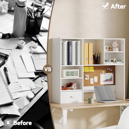 Desk Hutch Dorm with Cork Board, Shelves and Drawer | Desktop Bookshelf for College Dorm, Student Bedroom, White