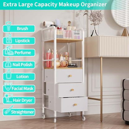 HapiRm Rolling Makeup Cart Organizer - Floor Skincare Make Up Storage with 3 Non-woven Fabric Drawers, Vanity Organizer Cosmetic Display Cases Holder for Skin Care Perfume Nail Polish Brush Hair Tool