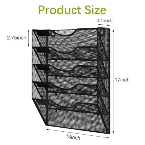 EasyPAG Wall File Organizer 5 Tier Hanging Paper Folder Holder, Zero Assembly Metal Mesh Wall Mounted Mail Organizer for Office Home Classroom Narrow Spaces, Black