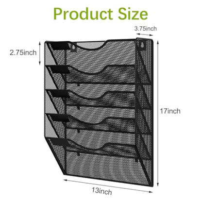 EasyPAG Wall File Organizer 5 Tier Hanging Paper Folder Holder, Zero Assembly Metal Mesh Wall Mounted Mail Organizer for Office Home Classroom Narrow Spaces, Black