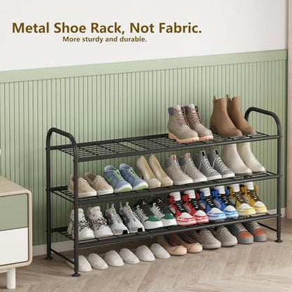 LINZINAR 3 Tier Long Shoe Rack for Closet Metal Shoe Organizer for Entryway | Spacious design stores 20+ pairs of shoes,durable metal frame,space-saving organizer for closet, hallway, and Entryway Black