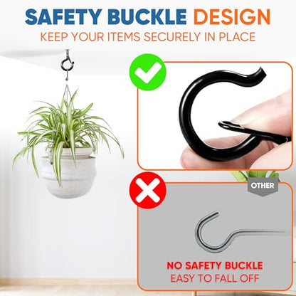 [HEAVY-DUTY] 250Lbs 5’’ M8 Q-Hanger Hook with Safety Buckle & Washer, 4Pcs | Black Windproof Screw Hooks for Hanging Plant with Expansion Tubes, Screwdriver, Hanging Outdoor String Light Christmas Patio