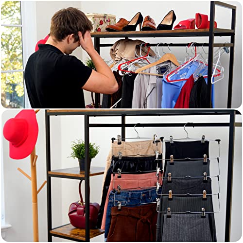 DEILSY™ 5-Tier Pants Hangers with Clips Non Slip Skirt Hangers 3 Pack | Multi pants hanger with rubber-coated clips, space saving hangers, hangers for shorts, skirts, trousers and other garments