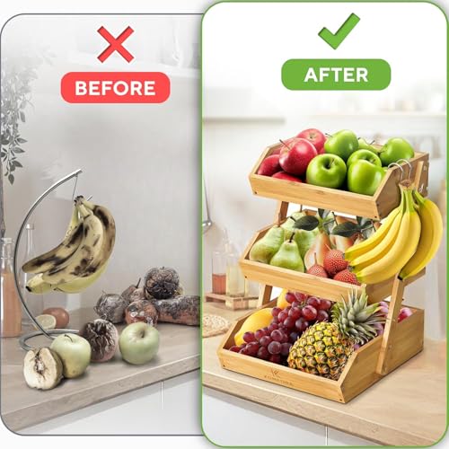 Bamboo Fruit Basket 3-Tier - Premium Produce Basket for Kitchen w/ 2 Hangers - Durable & Easy to Assemble Stand for Countertop - Perfect Holder for Vegetables, Bread, Snacks & More