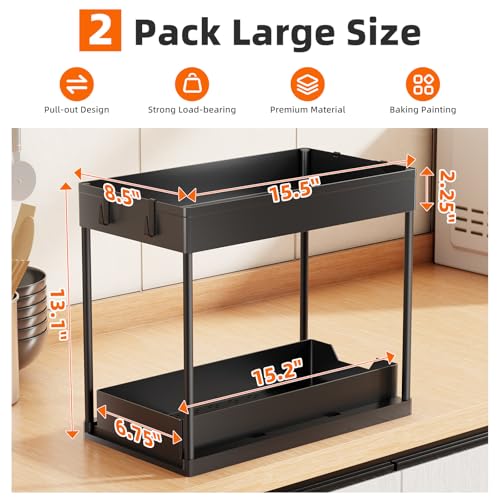 Simple Trending Under Sink Organizer 2 Pack, Sink Pull-Out Sliding Storage Cabinet, 2-Tier Under Shelf Organizer for Kitchen Bathroom, Black