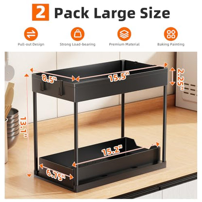 Simple Trending Under Sink Organizer 2 Pack, Sink Pull-Out Sliding Storage Cabinet, 2-Tier Under Shelf Organizer for Kitchen Bathroom, Black
