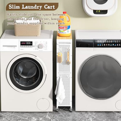 Utility Slim Storage Cart 4 Tier Rolling Laundry Room Organization Cart： | Wood Top Metal Narrow Laundry Room Shelves Cabinet Unit Laundry Organizer Trolley with Handle for Small space