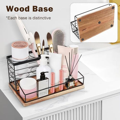 Hair Tool Organizer, Movable Hair Dryer Holder, Hair Styling Tools Storage for Vanity, Bath Counter Organizer, Bathroom Trays for Hair Toiletry, Makeup (12" x 7.7" x 5.8", Wood-Black)