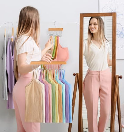 4 Pack Bra Hangers for Closet Organizer, Wood Tank Top Hangers Space Saving | Large Capacity Non-Slip Bra Organizer, Multi Hangers with 10 Hooks, Fits for Belt, Tie, Tank Top, Necklaces, Wooden Color