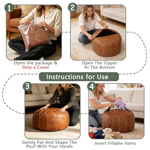 Thgonwid Round Unstuffed Pouf Cover, Faux Leather Storage Ottoman, Boho Moroccan Foot Stool, Multi-Purpose Home Decor for Living Room, Bedroom and Balcony, Brown, No Filling Included