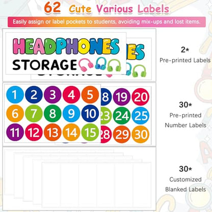 2 Pack Classroom Headphone Storage Organizer with 30 Pockets & 62 Labels | PVC Clear Classroom Pocket Chart for Headphone Cell Phone Over-the-Door Hanging Headphone Holder Bag for School Library, Pink