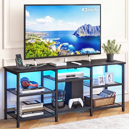 YGEOMER Entertainment Center for TVs Up to 50in with LED Lights, Black | Fits 32/40/43/48in TVs, 11.8in depth, 21.5in height, open shelves, 2 AC outlets & 2 USB ports, bedroom, living room