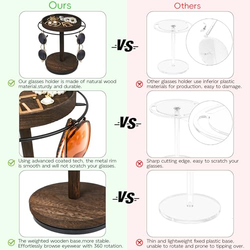 Sunglasses Organizer 360° Rotating Eyeglass Holder Stand with Wood Tray and Base, Eye Glass Display Rack for Multiple Sunglass Storage for Table Dresser Nightstand Desk