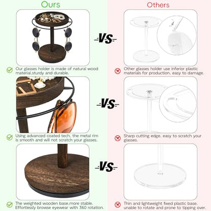 Sunglasses Organizer 360° Rotating Eyeglass Holder Stand with Wood Tray and Base, Eye Glass Display Rack for Multiple Sunglass Storage for Table Dresser Nightstand Desk