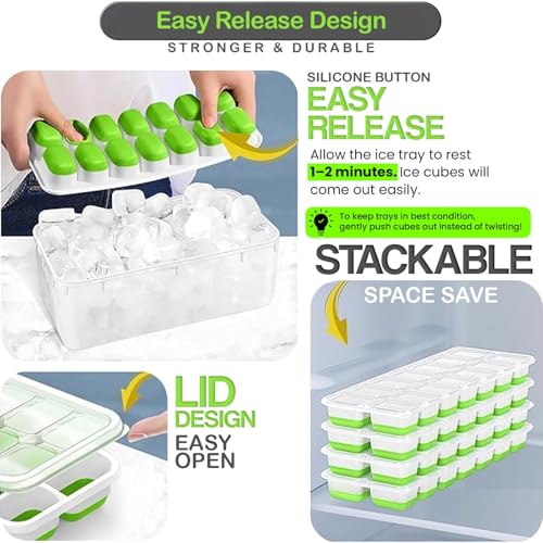 56pcs Ice Cube Tray with Lid and Bin – Stackable 4 Trays Plastic Silicone Freezer Mold, Large Ice Bucket with Scoop, Tong & 2 SS Straws – Easy Release Ice Maker for Cocktail, Coffee, RV, Whiskey