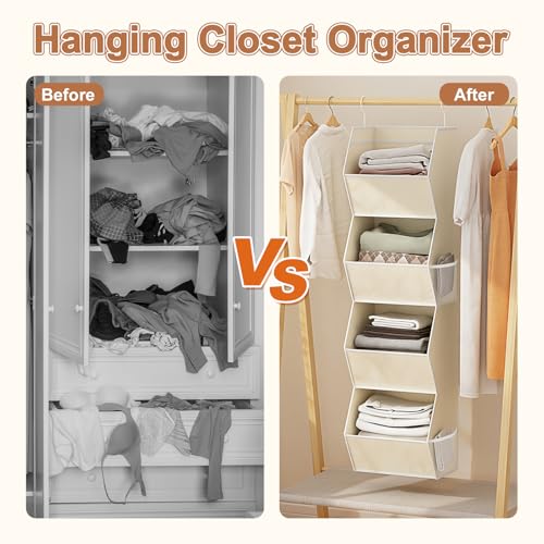 Hanging Closet Organizer 4 Shelf Collapsible Fabric Closet Organizers and Storage Hanging with Mesh Pocket for Clothes, Hanging Wardrobe Organizers and Storage for Sweater T-Shirt Shoes Toys, Beige