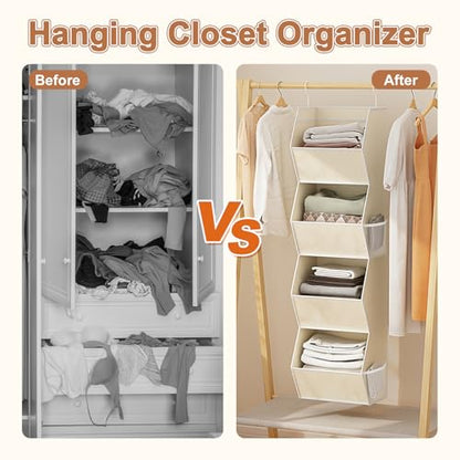 Hanging Closet Organizer 4 Shelf Collapsible Fabric Closet Organizers and Storage Hanging with Mesh Pocket for Clothes, Hanging Wardrobe Organizers and Storage for Sweater T-Shirt Shoes Toys, Beige