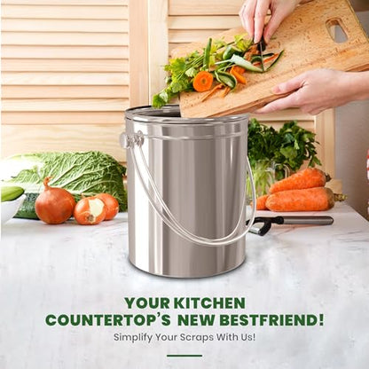 Utopia Kitchen Countertop Compost Bin 1.3 Gallon, Stainless Steel, Silver | Odorless countertop compost bin with charcoal filter, ideal for food scraps and waste