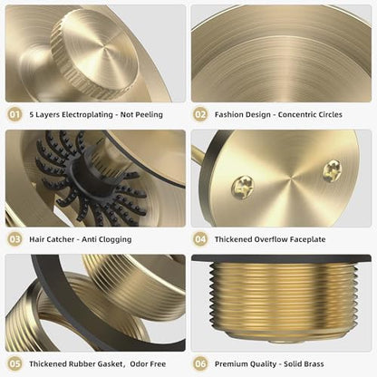Champagne Brushed Gold Bronze Bathtub Drain, Hair Catcher and 2-Hole Overflow Faceplate, 11.5/16 UNC, Lift and Turn Bathtub Drain Replacement, Tub Drain Stopper