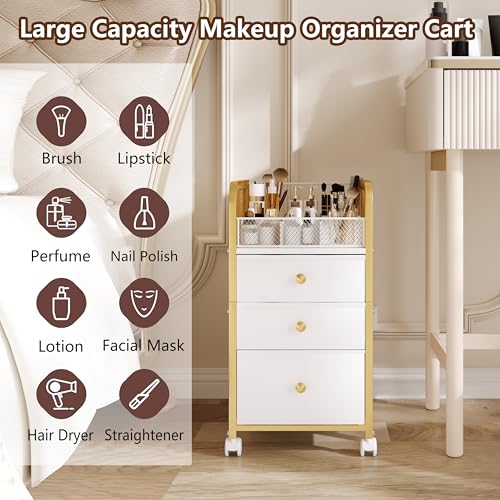 Rolling Makeup Organizer Cart with 3 Drawers Under Desk Storage | Vanity Cart Bathroom Storage Cart Cosmetic Vanity Display Cases Holder for Nail Polish Brush Hair Tool