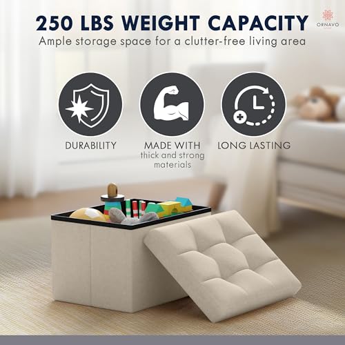 Ornavo Home Small Rectangle Storage Ottoman, Linen, 12x16x12, Beige | Collapsible Cube Design; Foot Rest Stool Seat; Ideal for Living Room, Bedroom, Home Office or Dorm
