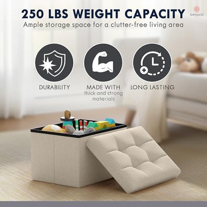 Ornavo Home Small Rectangle Storage Ottoman, Linen, 12x16x12, Beige | Collapsible Cube Design; Foot Rest Stool Seat; Ideal for Living Room, Bedroom, Home Office or Dorm