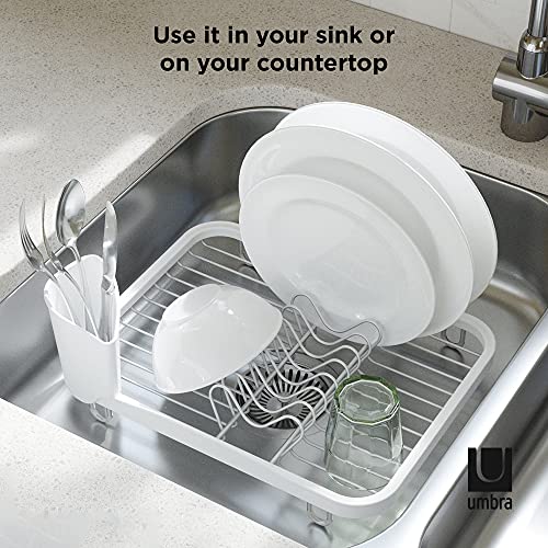 Umbra Sinkin Dish Drying Rack, in Sink or Countertop Drainer, White/Nickel | Removable utensil holder, non slip rubber feet, fits standard sizes, coated wire and plastic
