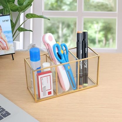 ELEGANTLIFE Clear Glass Makeup Brush Organizer,Luxurious Tempered Glass Cosmetics Brushes Storage Holder for Refined Bathroom Decor (Gold, 3 Sections)